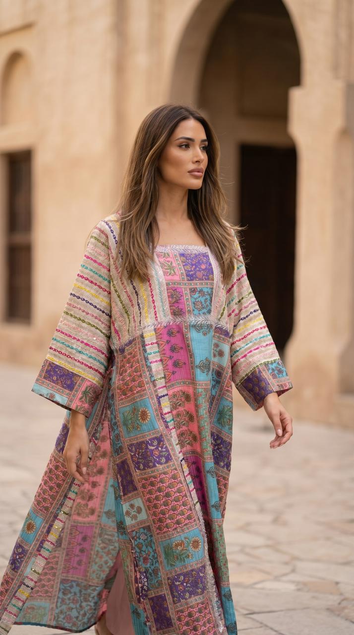 جلابية كويتية راقية ملونة بتصميم خليجي أصيل للجمعات